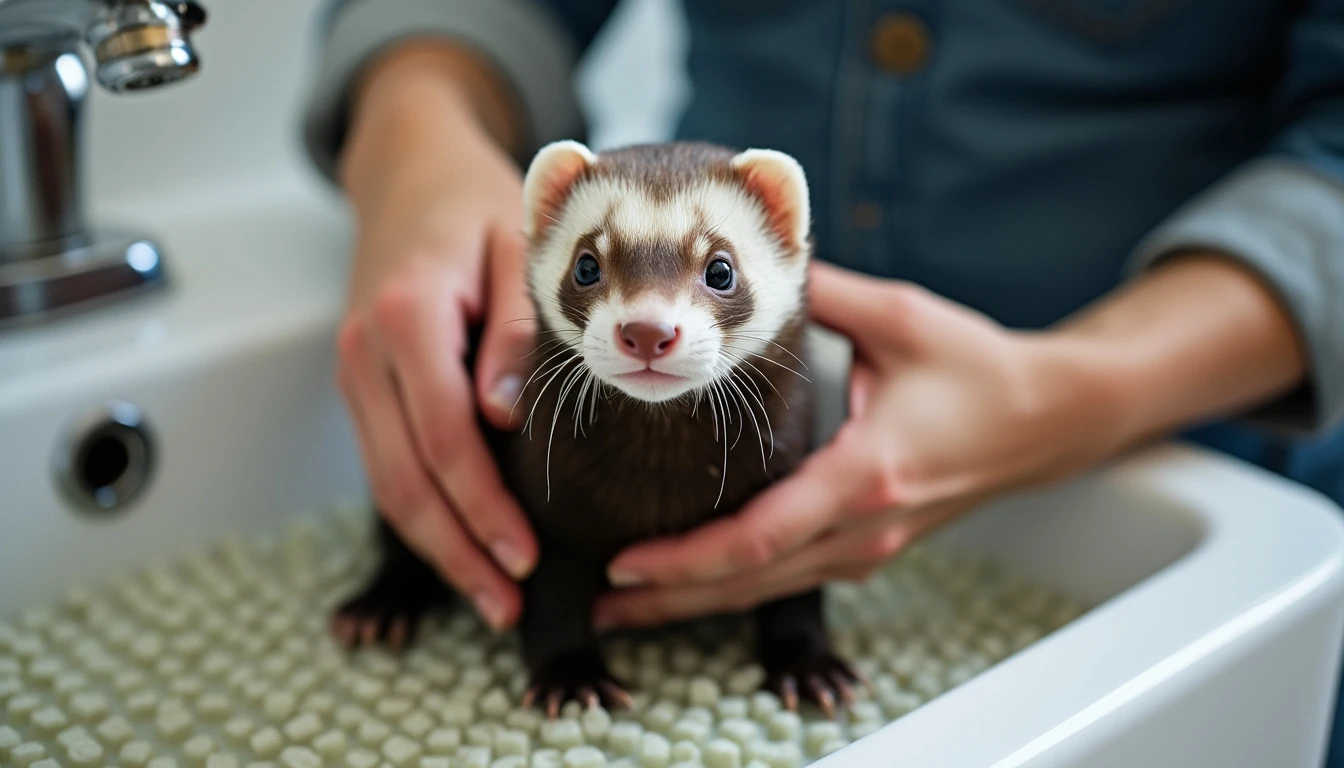 A ferret being gently bathed in a sink with a textured mat to prevent slipping.