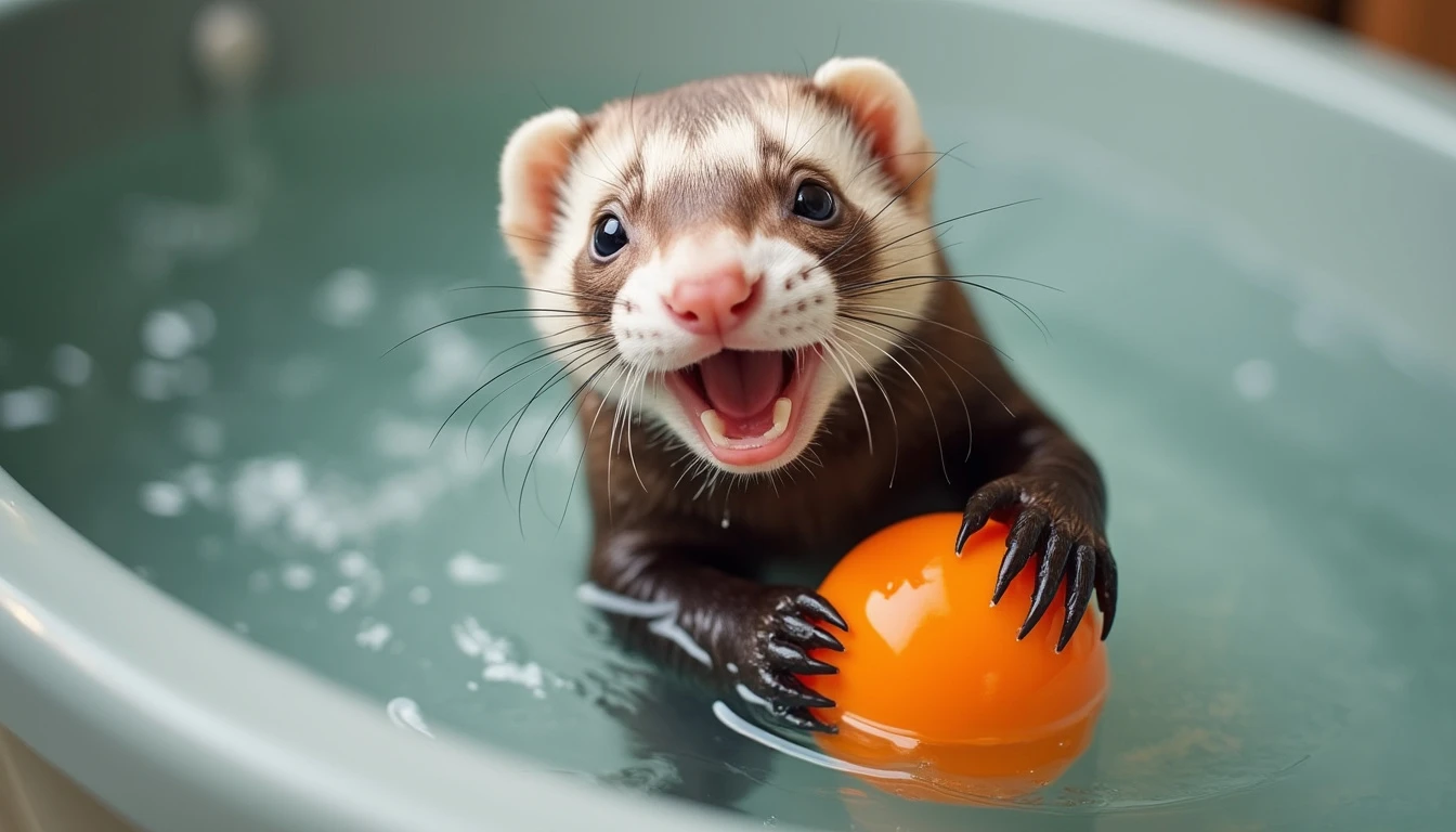 A ferret playing with a waterproof toy during bath time.