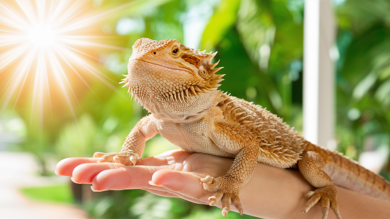  A bearded dragon sitting on a person’s hand, illustrating its friendly nature and suitability as a pet.