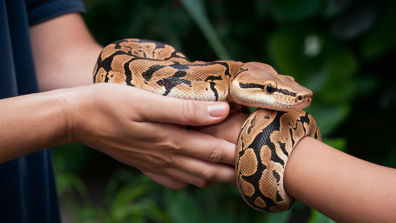 A close-up of a person gently handling a ball python, illustrating proper handling techniques.