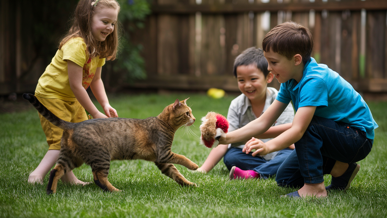 A family scene where a Savannah cat interacts with children in a spacious backyard or indoor play area