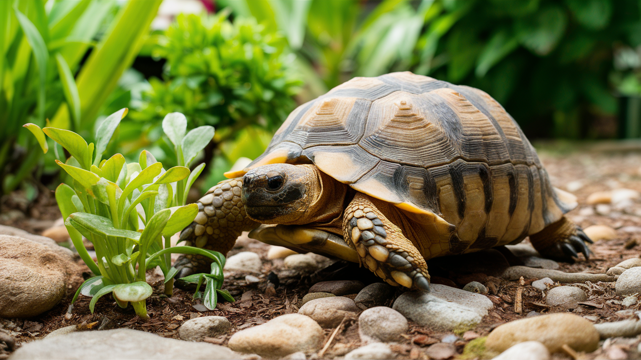 A Russian tortoise exploring a small garden with plants and rocks, emphasizing its terrestrial lifestyle.