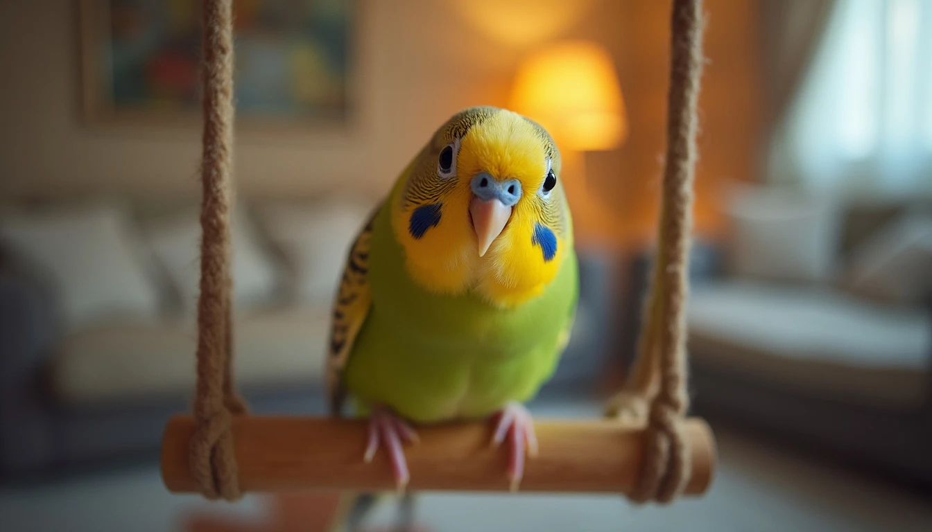  A cute budgerigar perched on a swing, looking directly at the camera with an inquisitive expression.