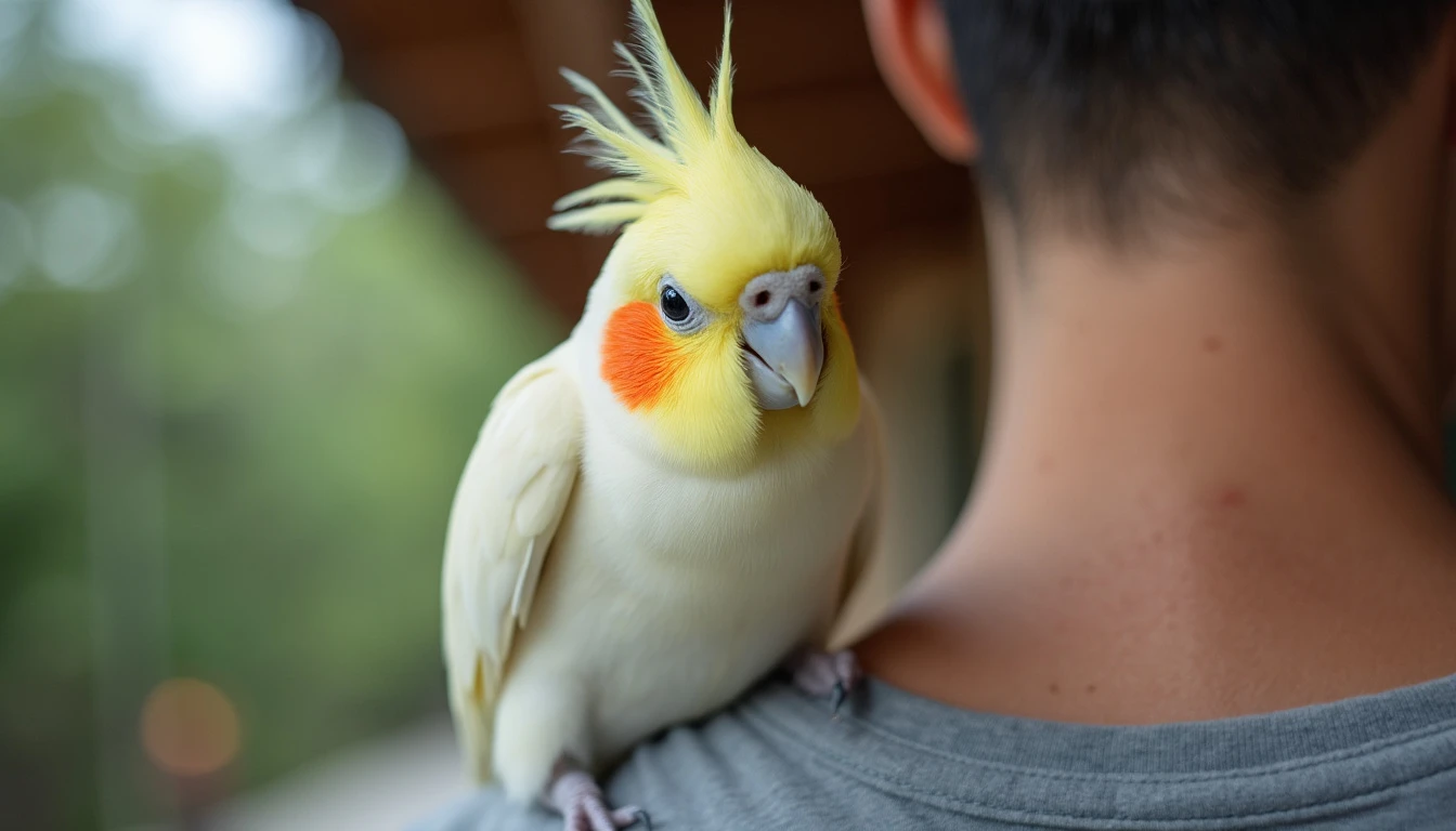 A cheerful cockatiel with its crest up, sitting on a person’s shoulder.