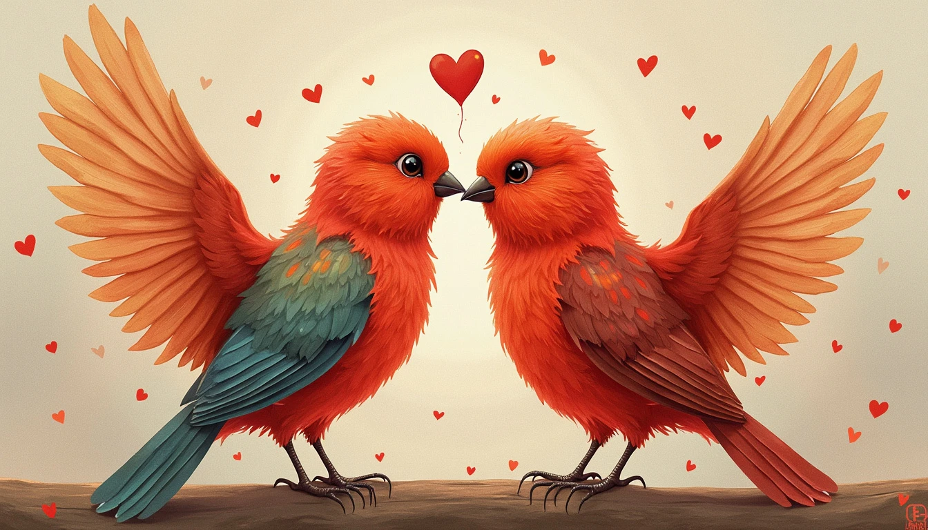 Two lovebirds positioned in a heart shape, symbolizing their affectionate nature.