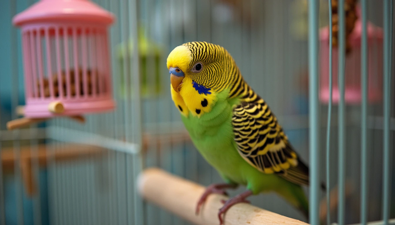  well-organized birdcage with colorful toys, food, and a happy budgie inside.