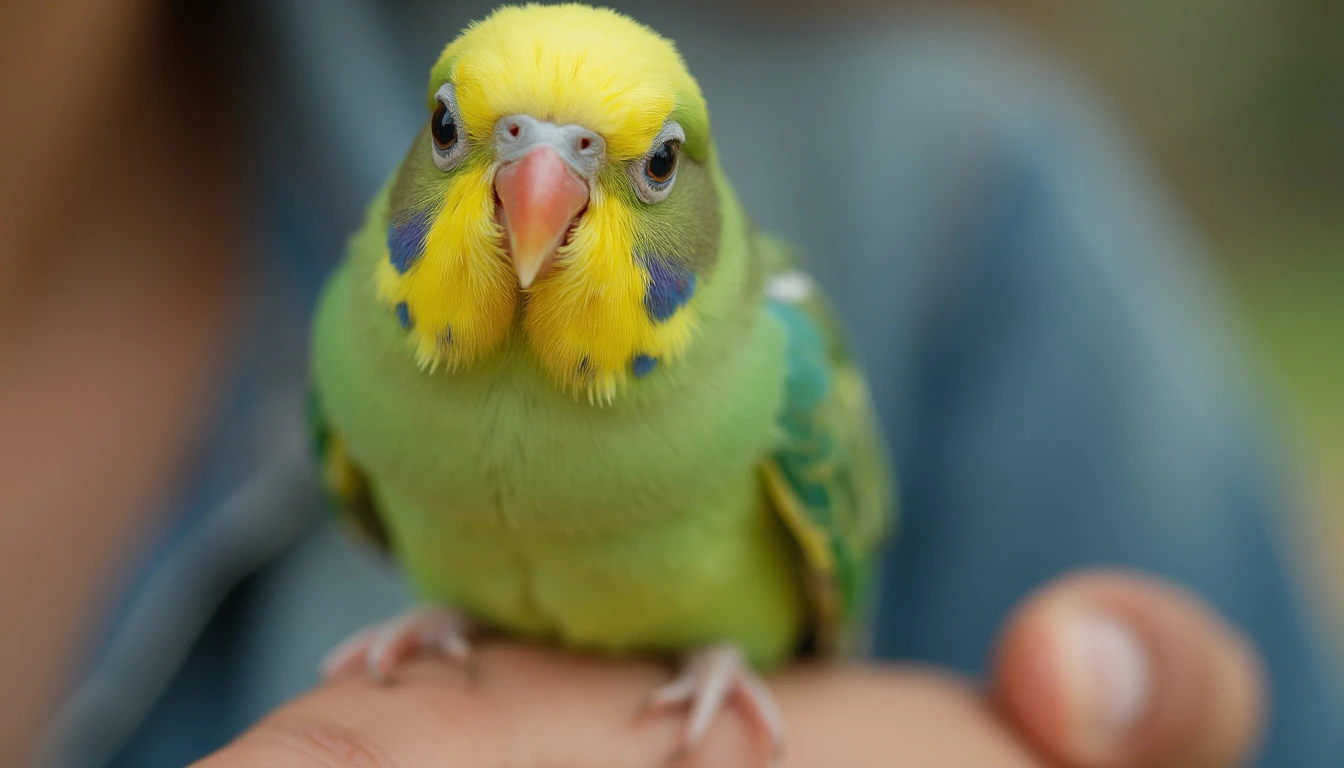  A close-up of a parrotlet looking curious and playful, perhaps sitting on a hand.