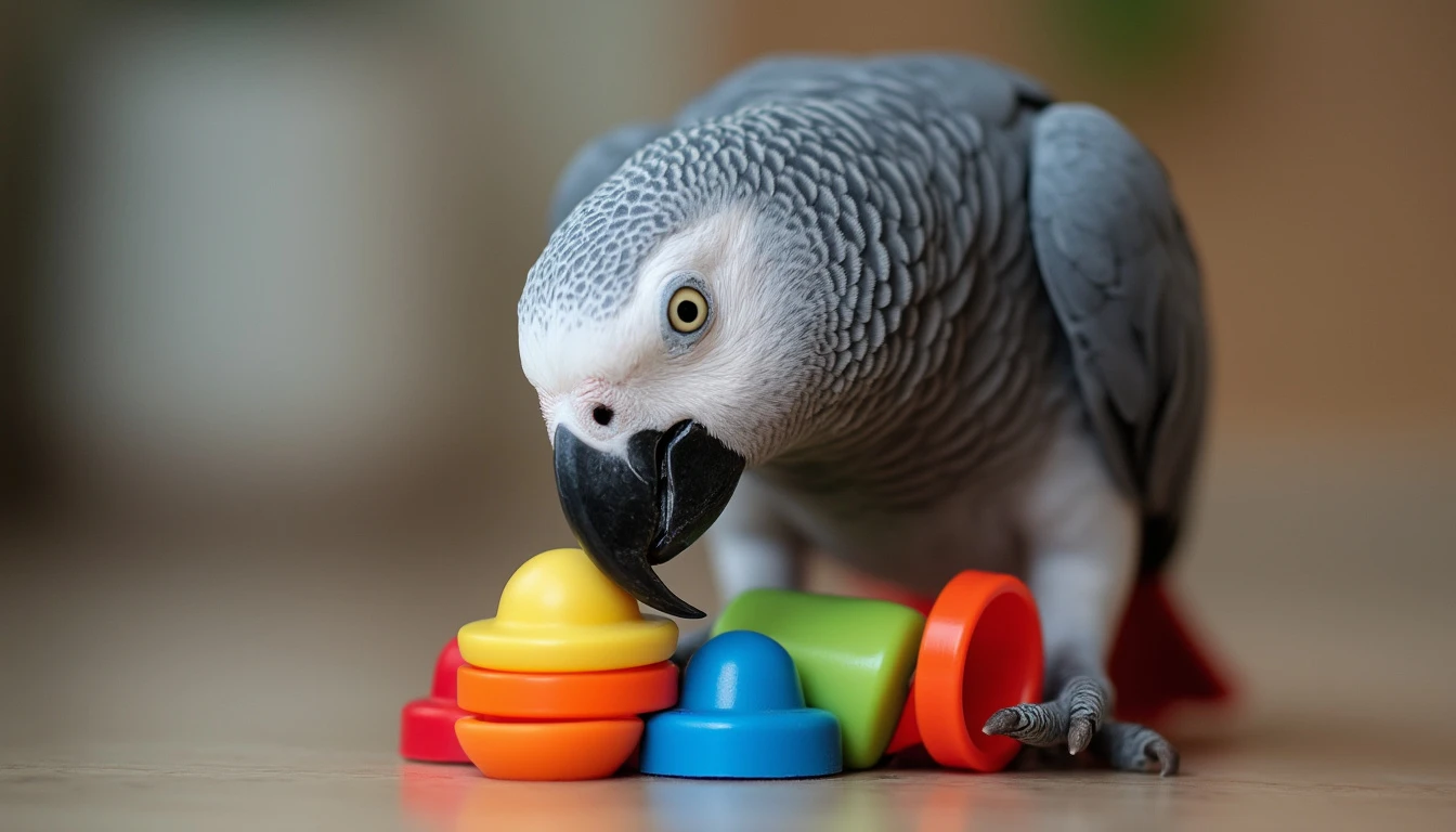 An African grey playing with a colorful toy or puzzle, showcasing its playful nature.