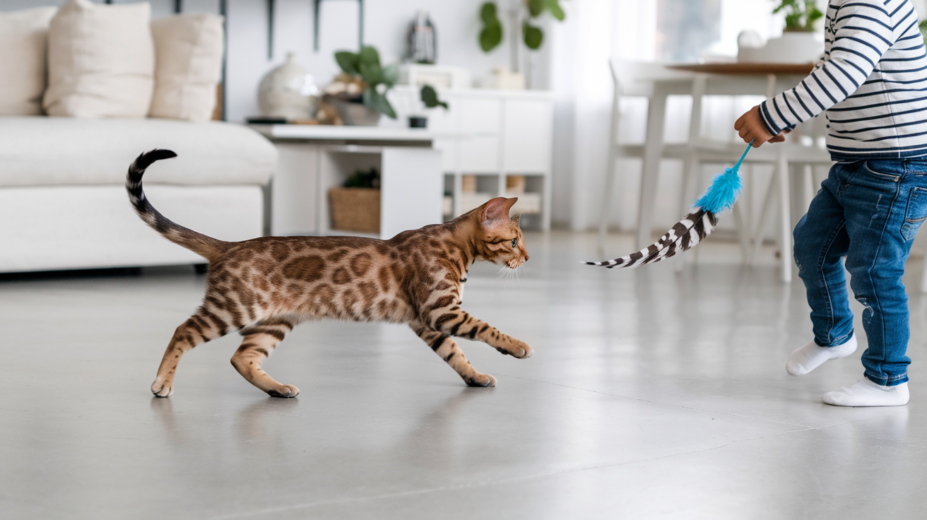  A playful moment where a Bengal cat is chasing a feather toy held by a child in a spacious, well-lit living room