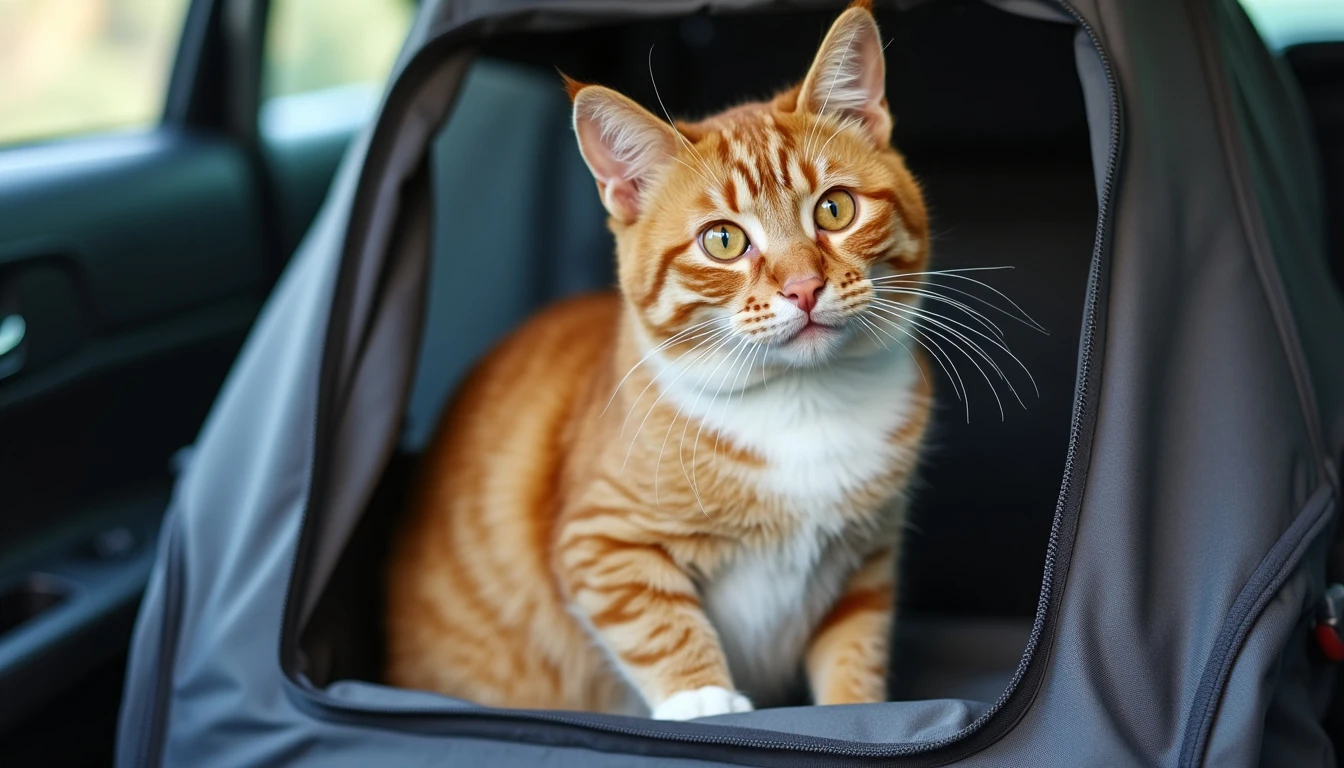 An image of a cat comfortably sitting in a secure carrier, showcasing the importance of a safe travel space during car trips.