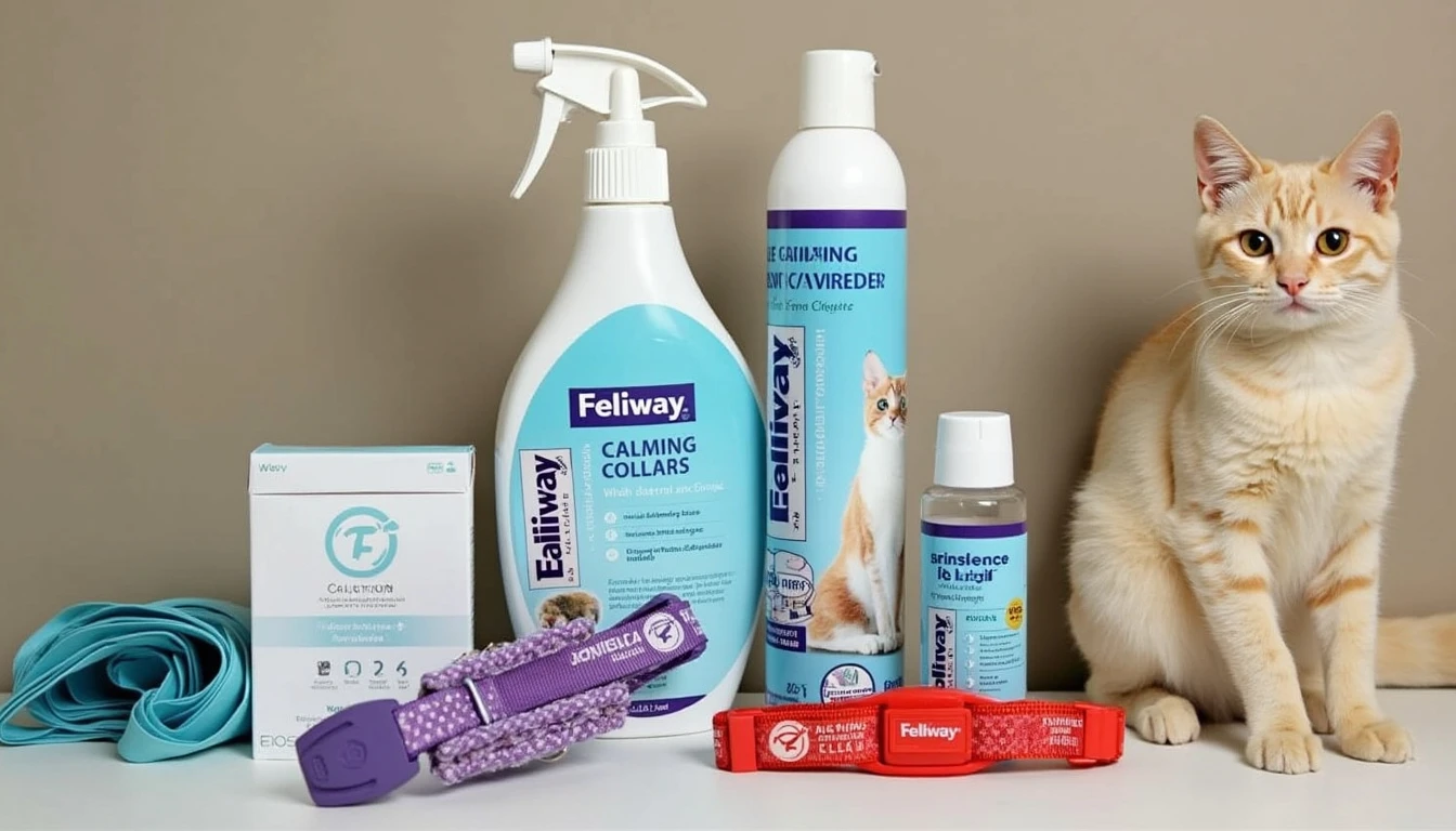 An image displaying various calming products, such as Feliway spray and calming collars, arranged neatly on a table or with a cat nearby.