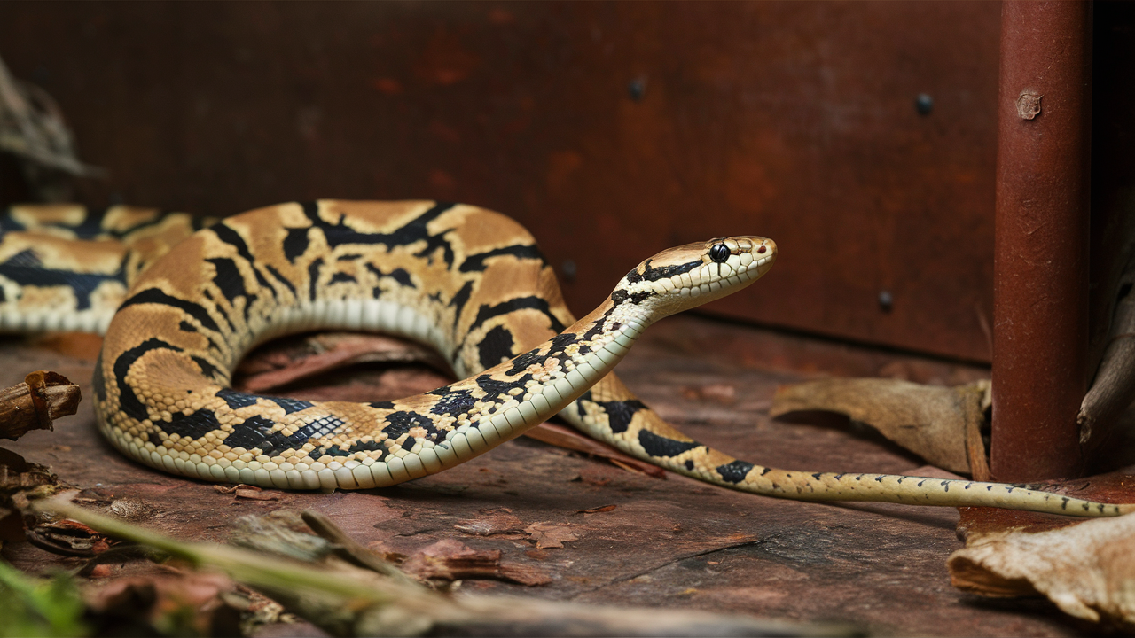 An image of a corn snake gracefully moving through its habitat, emphasizing its striking patterns and colors.