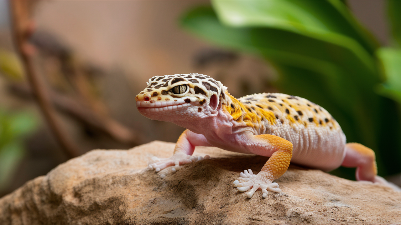 A detailed close-up shot of a leopard gecko on a rock or branch, showcasing its beautiful spots and vibrant colors