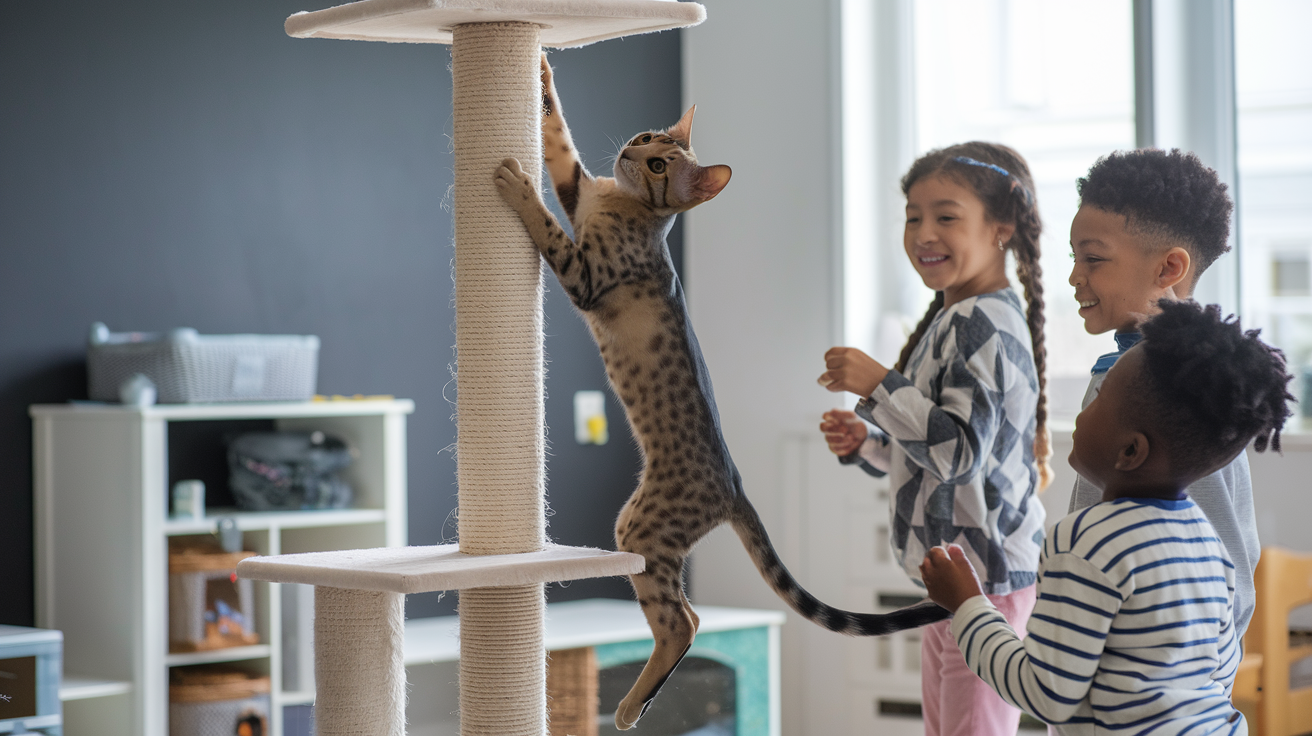 An energetic Abyssinian cat climbing a tall cat tree or jumping onto a shelf in a lively family playroom