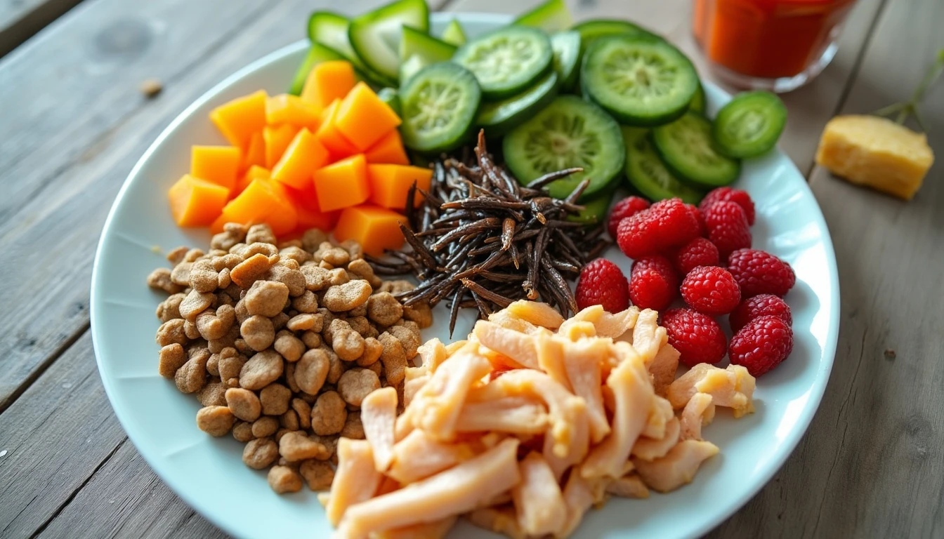 A neatly arranged plate featuring various safe foods, including fruits, vegetables, and protein sources like insects and cooked chicken.