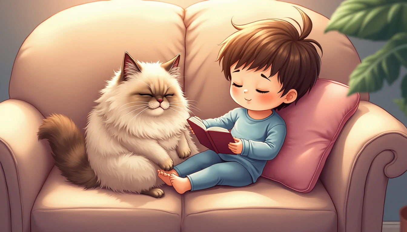 A soft and relaxed scene where a fluffy Ragdoll cat is lying calmly in the lap of a child, both on a plush couch