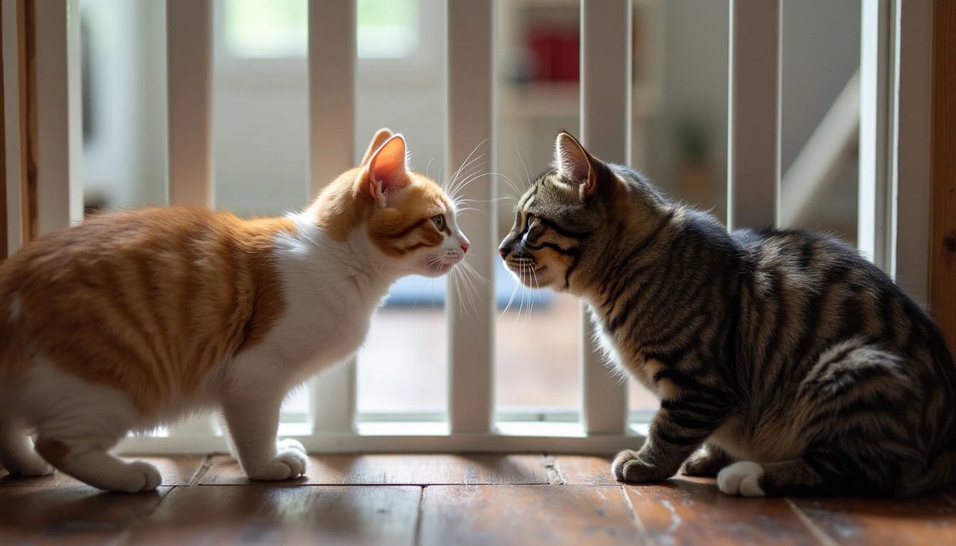 An image of two cats interacting through a baby gate