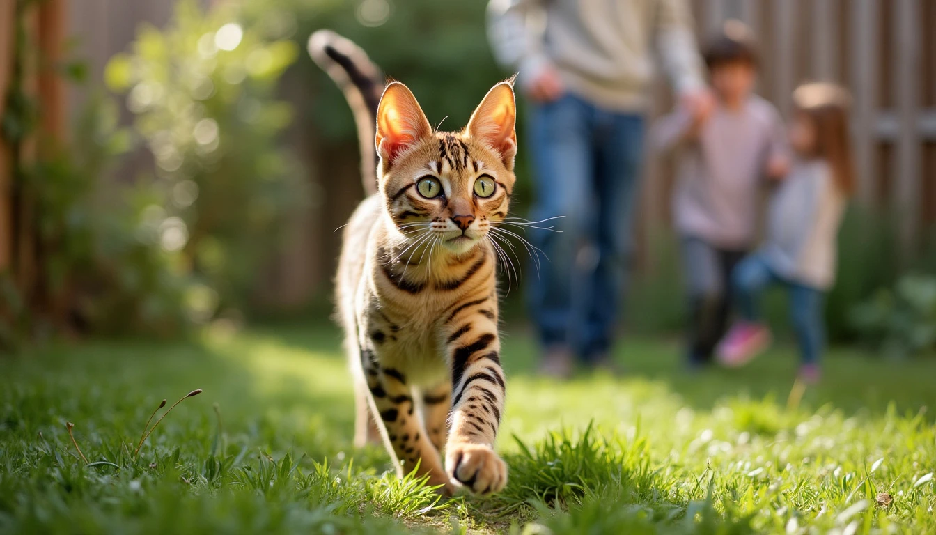  A Savannah cat walking confidently in a secure backyard while a couple of children play nearby