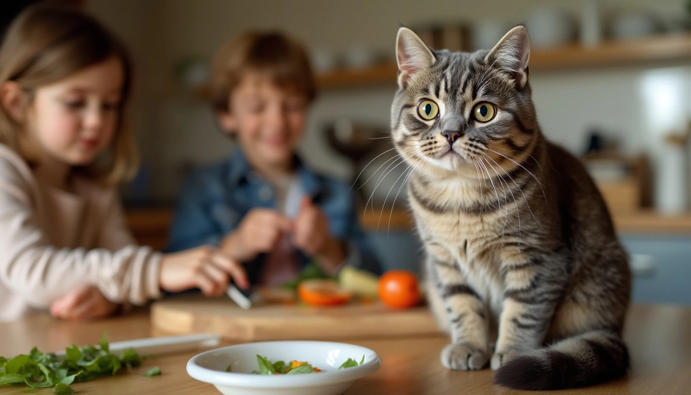 A Scottish Fold cat with its characteristic folded ears sitting on a kitchen counter or dining table, curiously watching as a family prepares food.