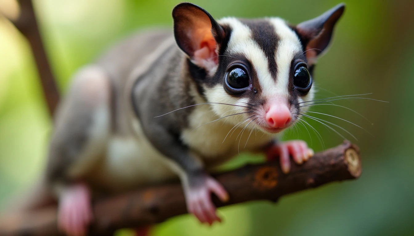 A close-up of a healthy, happy sugar glider perched on a branch with bright eyes and a shiny coat.