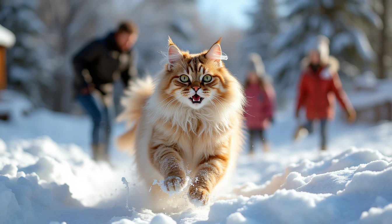 A fluffy Siberian cat joyfully running through the snow in a wintery backyard while a family watches or plays in the snow with it