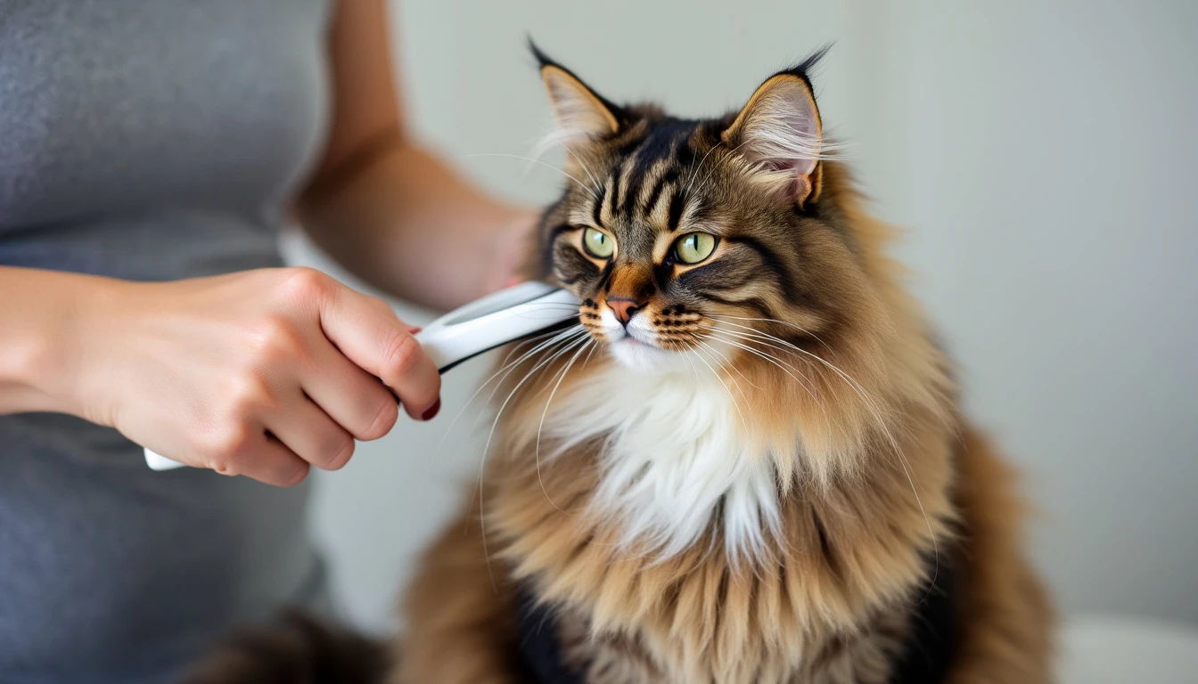 A photo of a person gently brushing a long-haired cat, showcasing the technique of brushing in the direction of the hair growth