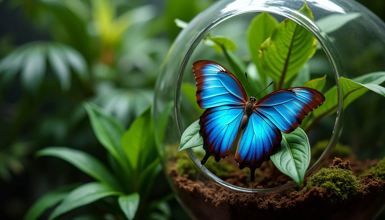 Vibrant Blue Morpho Butterfly in a Lush Tropical Terrarium