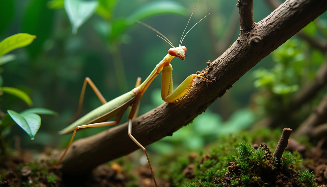 Praying Mantis on a Twig in a Terrarium