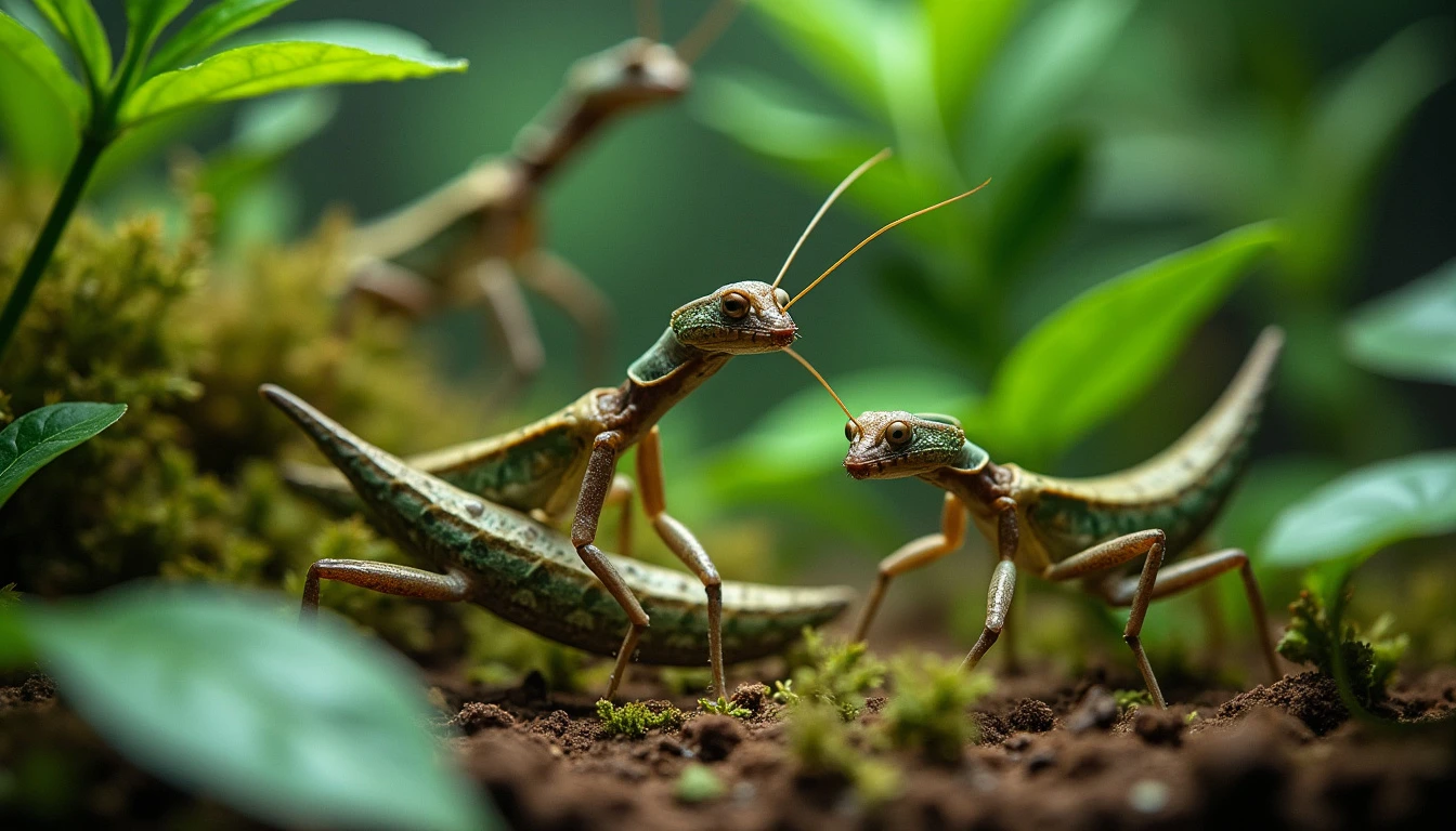 Stick Insects Camouflaged Among Leaves in a Temperate Terrarium