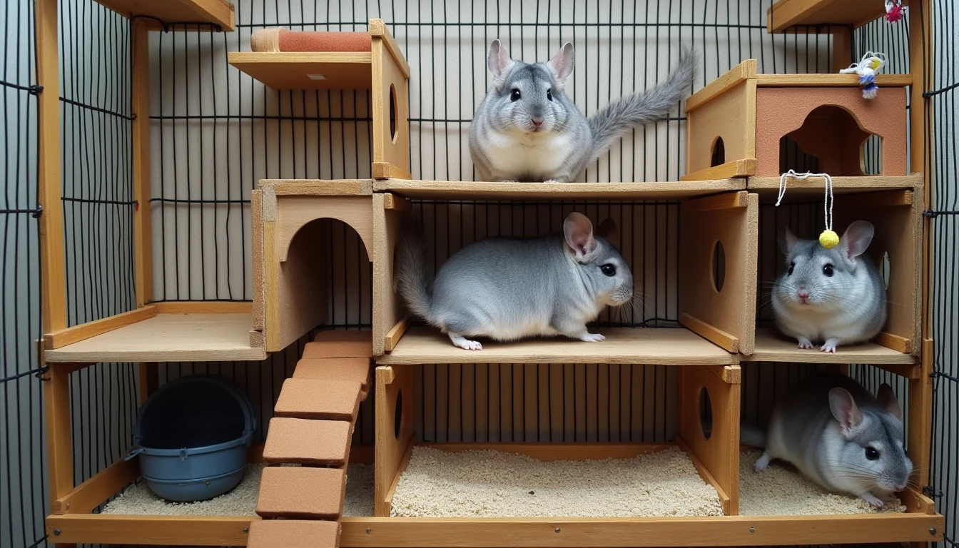 A large, multi-level cage with ramps, platforms, a solid exercise wheel, and hiding spots