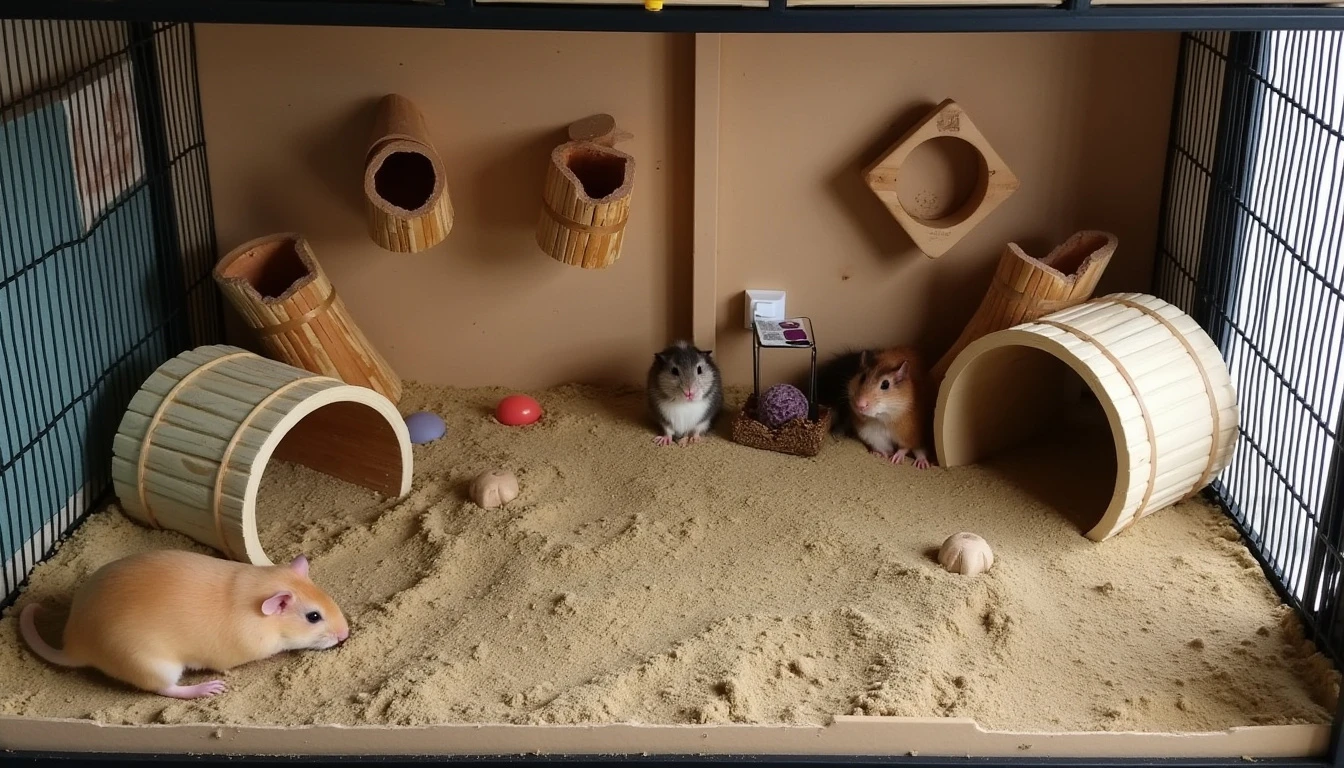 A horizontal habitat with burrowing areas, wooden tunnels, chew toys, and a large wheel