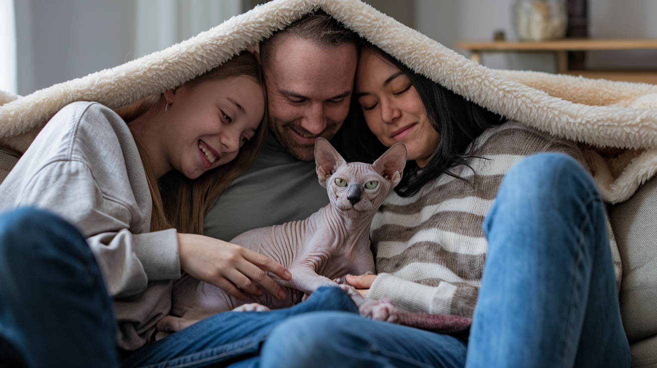  A Sphynx cat snuggling with a family on the couch under a blanket. 